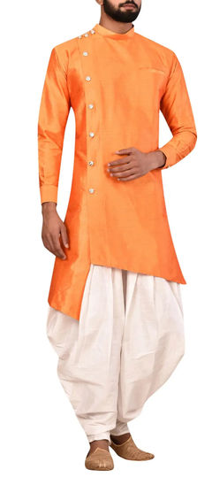 Orange color Dhoti Kurta in Art Silk fabric with Thread work