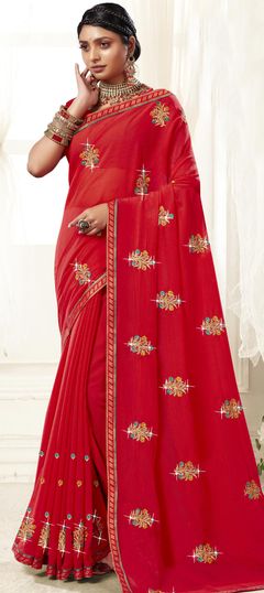 Red and Maroon color Saree in Georgette fabric with Embroidered, Resham, Thread, Zari work