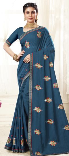 Blue color Saree in Georgette fabric with Embroidered, Resham, Thread, Zari work