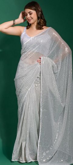 White and Off White color Saree in Georgette fabric with Embroidered, Sequence, Thread work