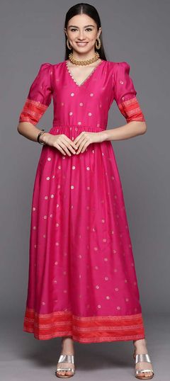 Pink and Majenta color Dress in Chanderi Silk fabric with Foil Print work