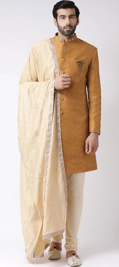 Yellow color IndoWestern Dress in Art Silk fabric with Broches, Thread work