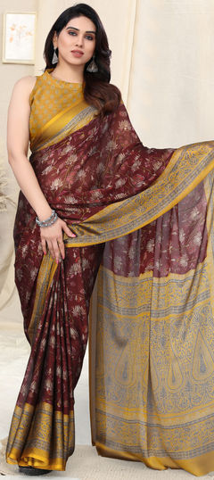 Red and Maroon color Saree in Chiffon fabric with Printed work
