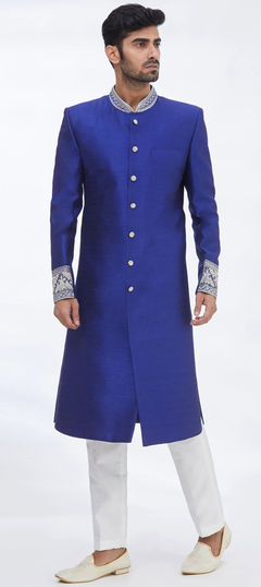 Blue color Sherwani in Art Silk fabric with Bugle Beads, Thread work : 1857739