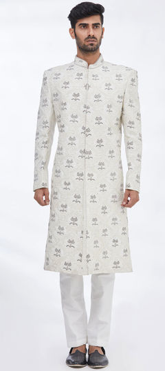 White and Off White color Sherwani in Art Silk fabric with Embroidered, Resham, Thread work