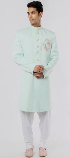Green color Sherwani in Rayon fabric with Embroidered, Thread work