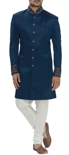 Blue color Sherwani in Art Silk fabric with Bugle Beads, Sequence, Thread work