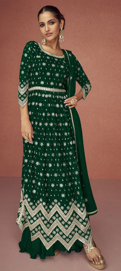 Green color Salwar Kameez in Faux Georgette fabric with Embroidered, Zari work