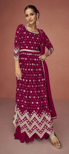 Pink and Majenta color Salwar Kameez in Faux Georgette fabric with Embroidered, Zari work