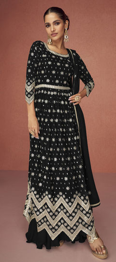 Black and Grey color Salwar Kameez in Faux Georgette fabric with Embroidered, Zari work