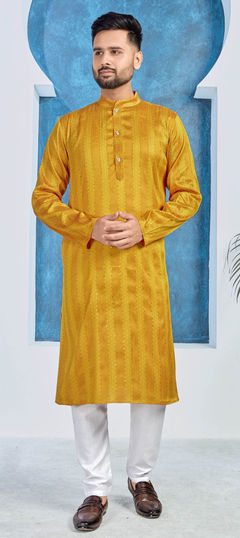 Yellow color Kurta Pyjamas in Jacquard fabric with Sequence, Thread work