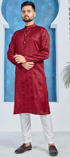 Red and Maroon color Kurta Pyjamas in Jacquard fabric with Sequence, Thread work