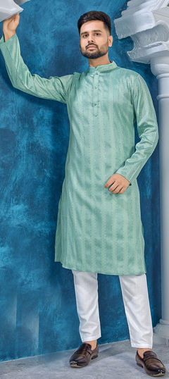 Blue color Kurta Pyjamas in Jacquard fabric with Sequence, Thread work