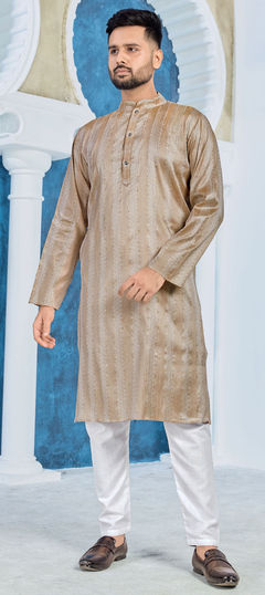 Beige and Brown color Kurta Pyjamas in Jacquard fabric with Sequence, Thread work