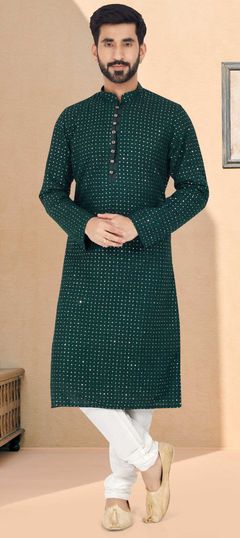 Green color Kurta Pyjamas in Georgette fabric with Embroidered, Sequence, Thread work