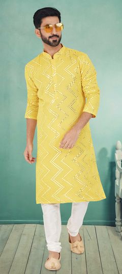 Yellow color Kurta Pyjamas in Georgette fabric with Embroidered, Sequence, Thread work