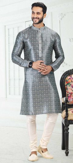 Black and Grey color Kurta Pyjamas in Banarasi Silk fabric with Digital Print work