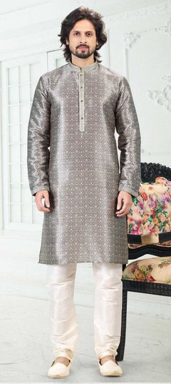 Beige and Brown color Kurta Pyjamas in Banarasi Silk fabric with Digital Print work