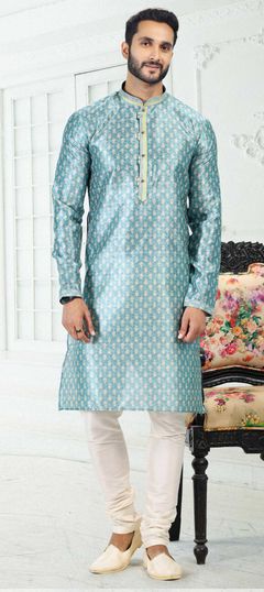 Blue color Kurta Pyjamas in Banarasi Silk fabric with Digital Print work