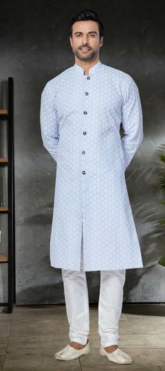 Blue color Kurta Pyjamas in Cotton fabric with Embroidered, Thread work