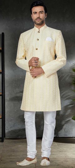 Yellow color Kurta Pyjamas in Silk fabric with Embroidered, Thread work