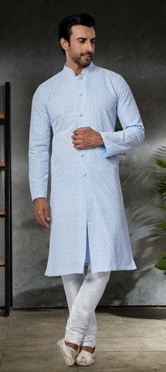 Blue color Kurta Pyjamas in Cotton fabric with Embroidered, Thread work