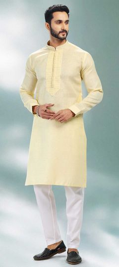 Yellow color Kurta Pyjamas in Cotton fabric with Thread work