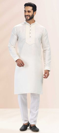 Beige and Brown color Kurta Pyjamas in Cotton fabric with Thread work