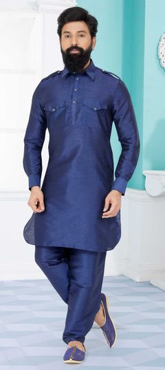 Blue color Kurta Pyjamas in Dupion Silk fabric with Weaving work