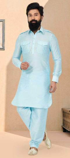 Blue color Kurta Pyjamas in Dupion Silk fabric with Weaving work