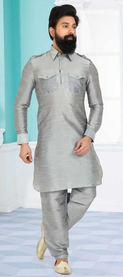 Black and Grey color Kurta Pyjamas in Dupion Silk fabric with Weaving work