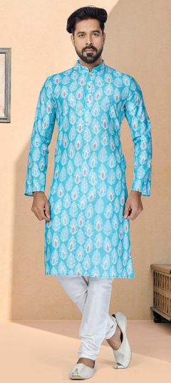 Festive Blue, White and Off White color Kurta Pyjamas in Art Silk fabric with Digital Print, Sequence, Thread work : 1858192