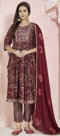 Red and Maroon color Salwar Kameez in Viscose fabric with Embroidered, Thread work