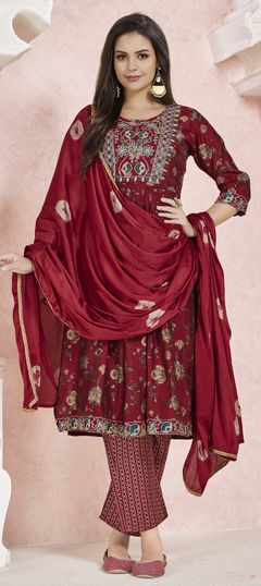 Red and Maroon color Salwar Kameez in Viscose fabric with Embroidered, Thread work