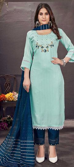 Blue color Salwar Kameez in Viscose fabric with Embroidered, Thread work