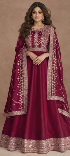 Pink and Majenta color Gown in Art Silk fabric with Embroidered, Sequence, Thread work