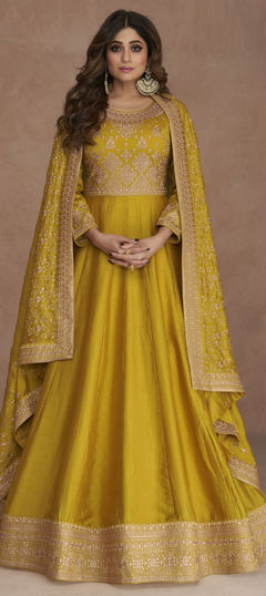Yellow color Gown in Art Silk fabric with Embroidered, Sequence, Thread work
