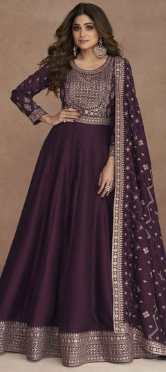 Purple and Violet color Gown in Art Silk fabric with Embroidered, Sequence, Thread work