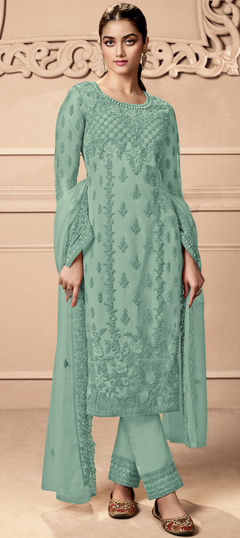 Blue color Salwar Kameez in Net fabric with Embroidered, Stone, Thread work