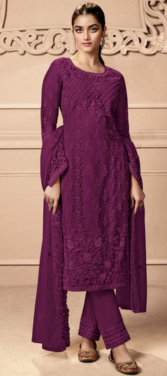 Purple and Violet color Salwar Kameez in Net fabric with Embroidered, Stone, Thread work