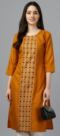 Casual Yellow color Kurti in Cotton fabric with Long Embroidered, Resham, Thread work : 1858384