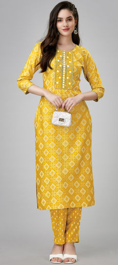 Yellow color Salwar Kameez in Rayon fabric with Gota Patti, Printed, Sequence work