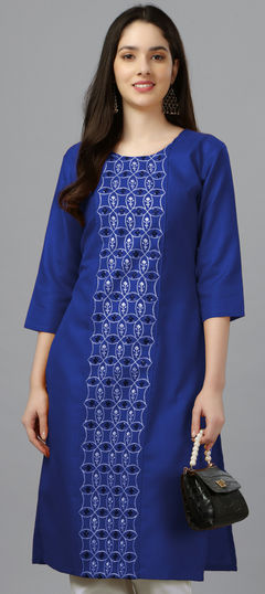 Casual Blue color Kurti in Cotton fabric with Long Embroidered, Resham, Thread work : 1858387