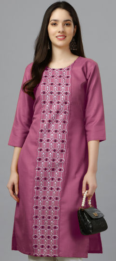 Casual Pink and Majenta color Kurti in Cotton fabric with Long Embroidered, Resham, Thread work : 1858388