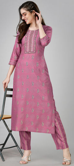 Pink and Majenta color Salwar Kameez in Rayon fabric with Gota Patti, Printed, Sequence work