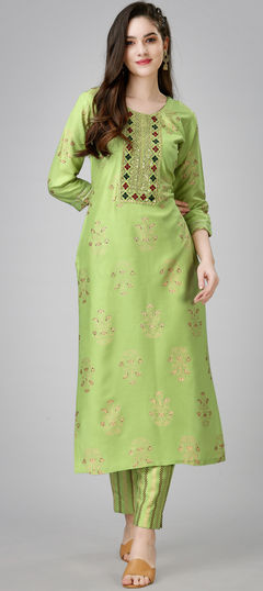 Green color Salwar Kameez in Rayon fabric with Gota Patti, Printed, Sequence work