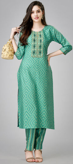 Green color Salwar Kameez in Rayon fabric with Gota Patti, Printed, Sequence work