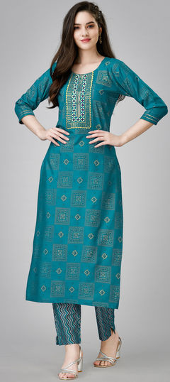 Blue color Salwar Kameez in Rayon fabric with Gota Patti, Printed, Sequence work