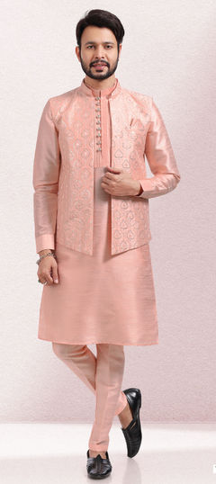 Pink and Majenta color Kurta Pyjamas in Art Silk fabric with Embroidered, Sequence, Thread work