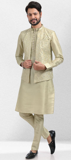 Green color Kurta Pyjamas in Art Silk fabric with Embroidered, Sequence, Thread work